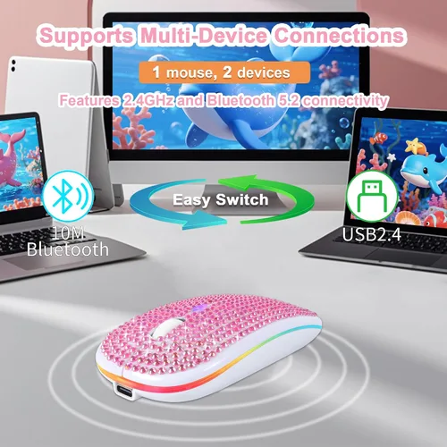 Vista 2 de Ratón inalámbrico Bluetooth lindo rosa brillante cristal Rhinestone ratón de computadora con luz LED 2.4GHz y Bluetooth Dual Mode recargable