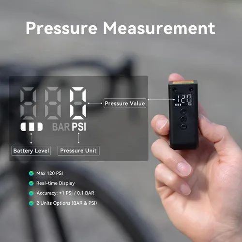 Vista 3 de CYCPLUS AS2 Bomba de Bicicleta Ultra Pequeña con Manómetro, Mini Bomba Eléctrica Máx 120 PSI, Parada Automática, con Válvula Presta y Schrader