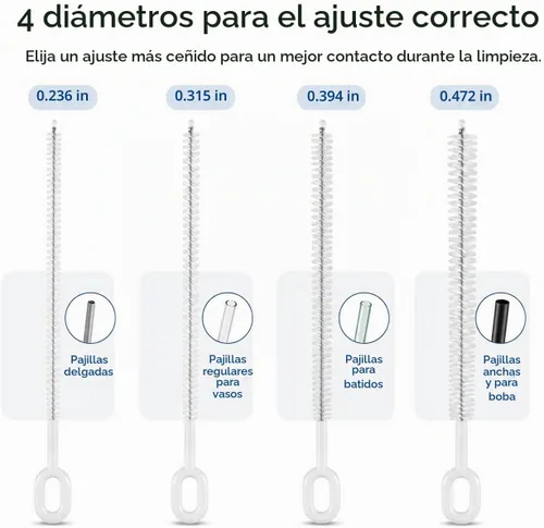 Vista 2 de Juego de 4 cepillos limpiadores de popotes – 10 pulgadas, 4 diámetros para pajitas finas y para batidos, resistente, mango de agarre cómodo