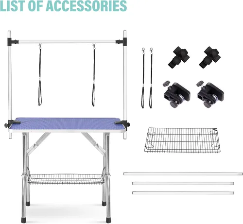Vista 5 de Mesa profesional ajustable de aseo para mascotas de 36 pulgadas, resistente, con brazo y nariz y bandeja de malla para perros grandes, estación