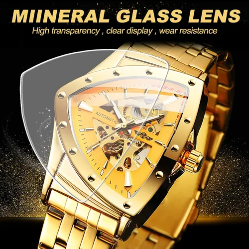 Vista 6 de FORSINING Reloj mecánico automático de esqueleto triangular para hombre, de lujo, dorado, negro, acero inoxidable, impermeable, luminoso, deportivo