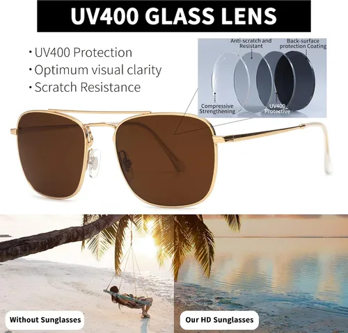 Vista 5 de JIM HALO Gafas de sol retro cuadradas estilo aviador con lente de cristal de alta calidad, gafas planas de metal para hombres y mujeres
