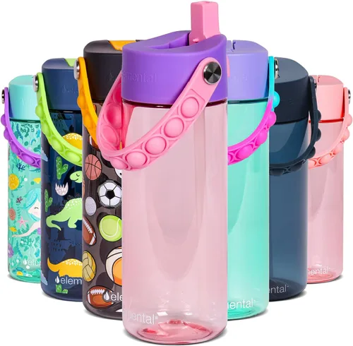 Vista 54 de Elemental Botellas de agua para niños – Botella de agua para niños Splash para la escuela con mango Pop-it – Botella de agua de plástico Tritan sin
