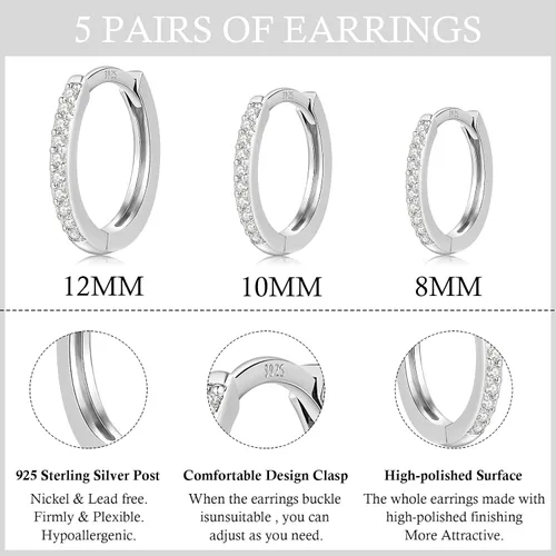 Vista 3 de Juego de 4 pares de aretes de aro pequeños de plata de ley 925 para mujer, con circonita cúbica, aretes de hélix para múltiples piercings