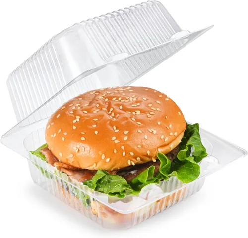 Vista 4 de Paquete de 100 Contenedores de Alimentos Tipo Almeja Transparentes, Contenedores Desechables de Plástico con Bisagra para Llevar con Tapas