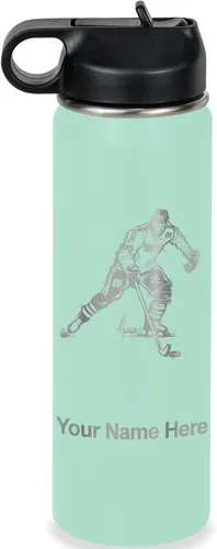 Vista 52 de LaserGram Botella de agua personalizada, jugador de hockey, acero inoxidable de doble pared aislada al vacío con popote superior, regalo grabado