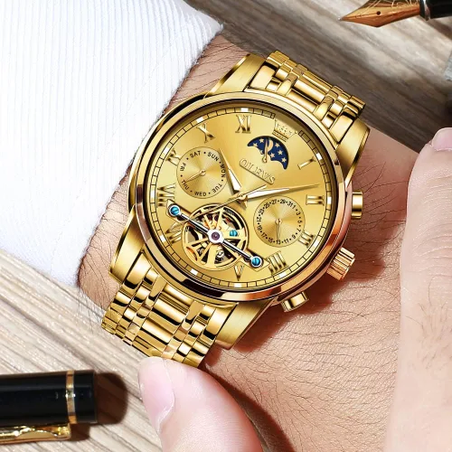 Vista 2 de OLEVS Reloj automático de lujo sin batería reloj de pulsera mecánico impermeable de acero inoxidable Tourbillon esqueleto de pulsera ajustable