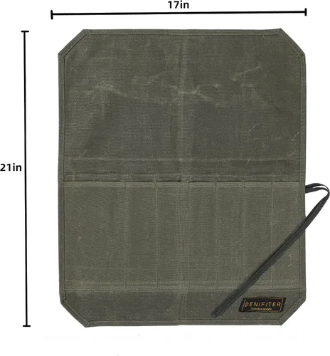 Vista 2 de Bolsa de rollo de cuchillo de lona encerada resistente, bolsa portátil para cuchillos de chef, duradera (verde militar)