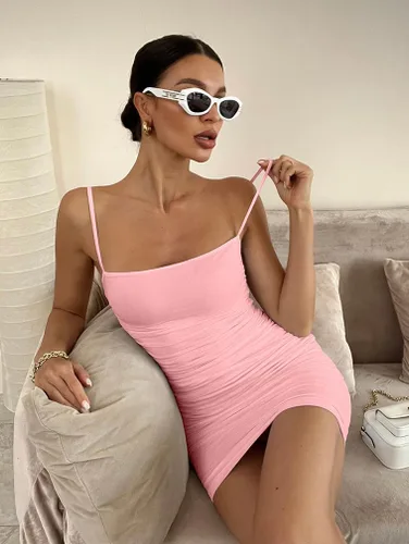Vista 7 de BEAGIMEG Vestido corto de fiesta para mujer, sexy, con tirantes delgados, entallado, fruncido