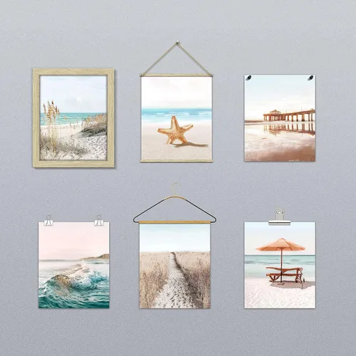 Vista 6 de Juego de 6 impresiones costeras para pared, diseño estético junto al mar, estrellas de mar, arena, paseo marítimo, olas del océano, pósteres
