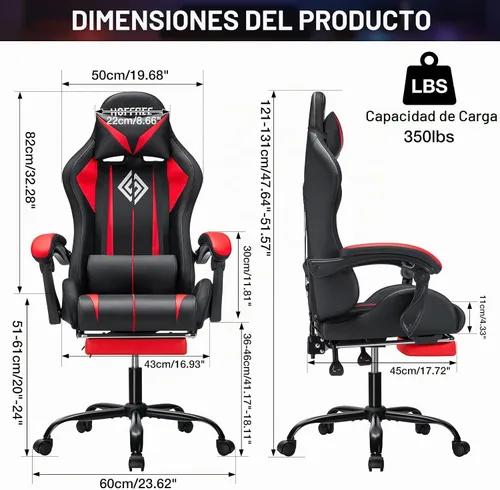 Vista 3 de HOFFREE LED Gaming Chair with Massage RGB Lights Computer Game Chair-Red Rojo + negro