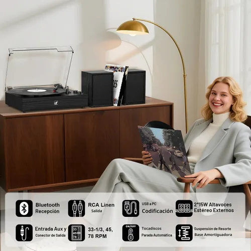 Vista 8 de Tocadiscos Bluetooth con altavoces externos con transmisión por correa Negro (Black Wood)