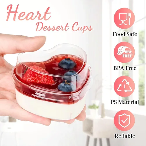 Vista 3 de TOFLEN Vasos de postre en forma de corazón de 5 onzas con tapas y cucharas, 300 unidades, sirve 100 unidades, mini vasos de plástico para postres