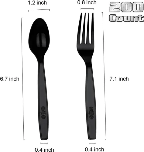 Vista 2 de MOACOCK 200 piezas de cubiertos de plástico negro plateado, tenedores y cucharas de plástico de peso pesado, juego de utensilios desechables