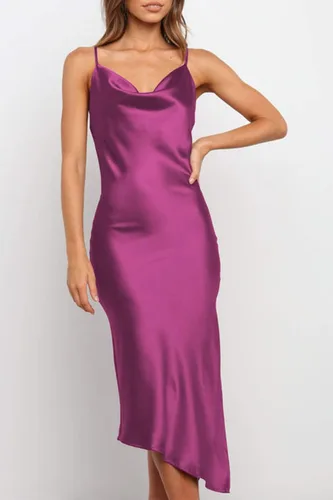 Vista 5 de PRETTYGARDEN Vestido de satén para mujer, sin mangas, con tirantes delgados, abertura lateral, cuello vuelto, midi