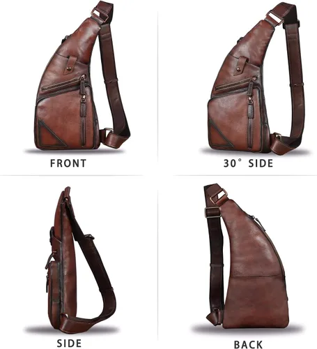 Vista 4 de Bolso bandolera de cuero genuino para hombre, estilo vintage, hecho a mano, mochila de senderismo, mochila retro cruzada, Marrón claro, Mediana