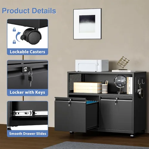 Vista 5 de Archivador de metal con 2 cajones con cerradura, gabinete archivador con soporte para impresora móvil y estantes para archivos de tamaño Negro