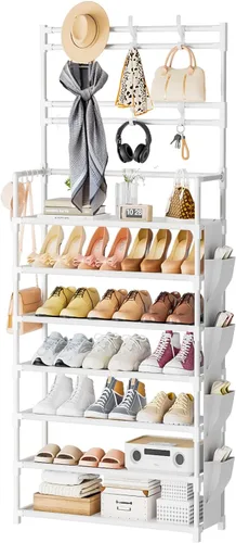 Vista 10 de Zapatero de 5 niveles, organizador de zapatos de almacenamiento de 15-20 pares, zapatero para entrada de clóset, organizador de zapatos con ganchos