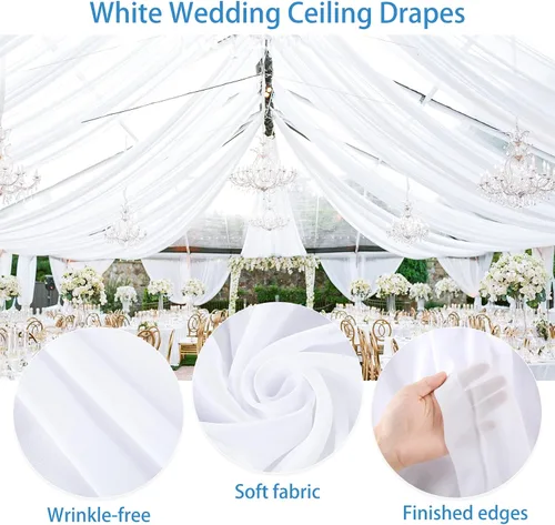 Vista 5 de Cortinas de techo blancas para bodas – 6 paneles de 5 x 10 pies de gasa blanca para cortinas de telón de fondo transparentes para bodas, fiestas