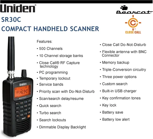 Vista 10 de Uniden Bearcat SR30C, escáner de mano compacto de 500 canales, captura de RF Close Call, búsqueda turbo, programable por PC, NASCAR, carreras