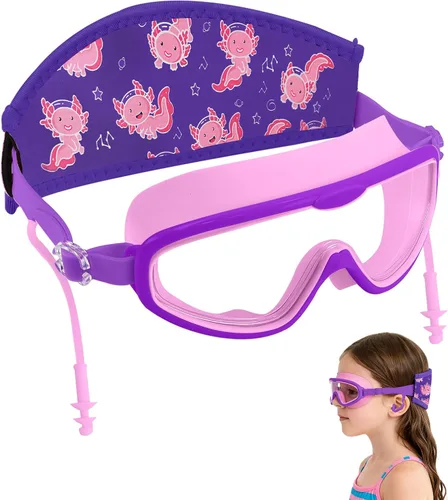 Vista 7 de Axolotl - Gafas de natación para niños pequeños, correa de tela, sin dolor, antiniebla, tapones para los oídos antifugas para niños y niñas
