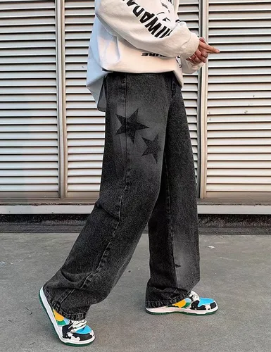 Vista 3 de Pantalones de mezclilla Y2K para hombre, estilo vintage, hip hop, holgados, rectos, tela de araña, con gráficos de estrellas, pantalones