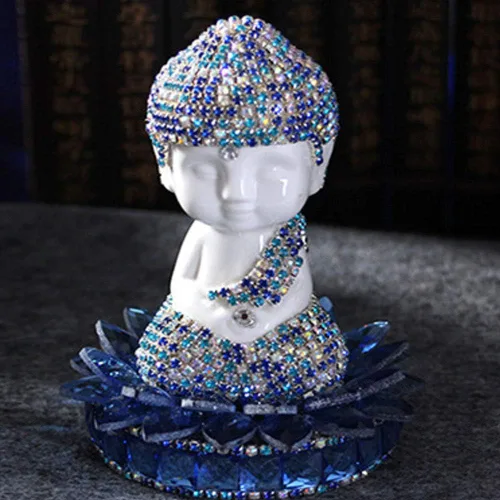 Vista 5 de Blanco cerámica Dimaond Lotus Buddha estatua coche/oficina/hogar interior bendición ornamento (azul)