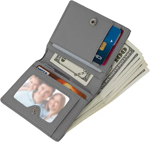 Vista 5 de Cartera de piel RFID pequeña compacta con bolsillo plegable para tarjetas, organizador de bolsillo para mujer, mini monedero con ventana