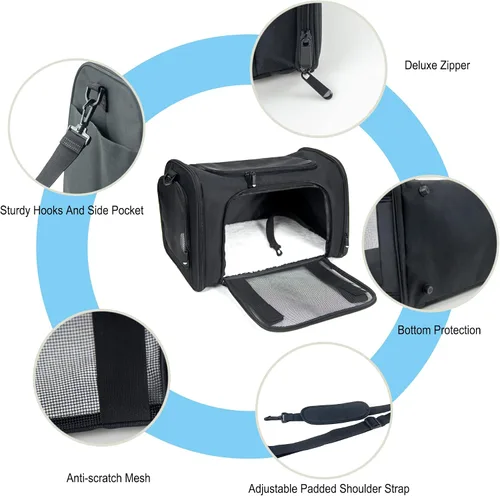 Vista 3 de Transportador de lados suaves para perros y gatos pequeños y medianos, aprobado por la aerolínea TSA, plegable, para mascotas, color negro