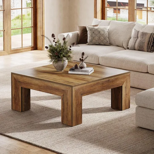 Vista 4 de Tribesigns - Mesa de café cuadrada estilo granja para sala de estar, mesa de centro baja grande de 39.37 pulgadas con patas resistentes, fácil Marrón