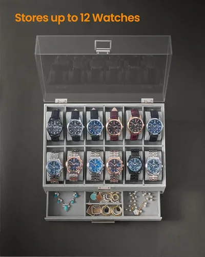 Vista 3 de Hzuaneri Caja de reloj, regalos de Navidad, caja de reloj de 12 ranuras con tapa acrílica grande, almohadas de reloj extraíbles, organizador de caja