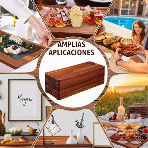 Vista 4 de Skylety Paquete de 15 bandejas de madera maciza para servir grandes de acacia para fiestas, tablero rectangular de charcutería con mango ranurado