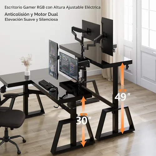 Vista 7 de EUREKA ERGONOMIC Escritorio de pie, mesa de juegos, escritorios RGB de vidrio, computadora de altura ajustable de 60 pulgadas, escritorio de esquina