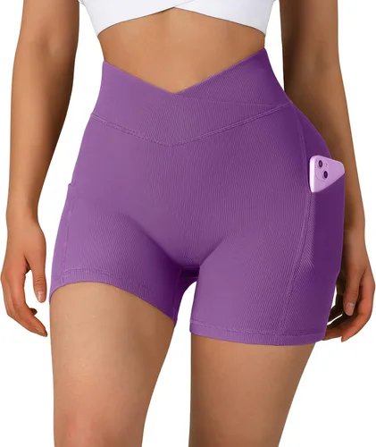 Vista 7 de OMKAGI - Pantalones cortos de entrenamiento de cintura cruzada para mujer con bolsillo, de 5 pulgadas de entrepierna, pantalones cortos de cintura