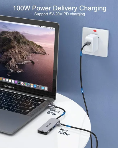 Vista 5 de QGeeM USB C Hub 4 en 1 adaptador AV digital multipuerto 4K HDMI, entrega de energía de 100 W, 2 puertos de datos USB-A, dongle USB C compatible