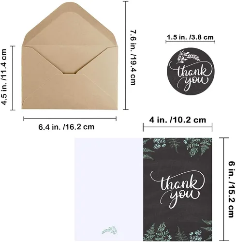 Vista 2 de Supla 150 juegos de tarjetas de agradecimiento con sobres, calcomanías de agradecimiento a granel, 6 diseños de pizarra floral de agradecimiento