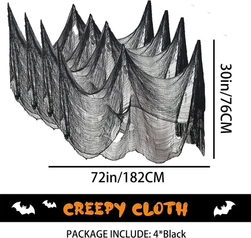 Vista 9 de Paquete de 4 decoraciones de tela espeluznante de Halloween, 30 x 72 pulgadas, paños de gasa de Halloween aterradores, paño espeluznante para casa