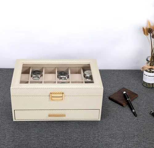 Vista 7 de Voova - Organizador de cajas de joyería para relojes para hombres y mujeres, 2 capas grandes con 12 ranuras, estuche de almacenamiento de relojes