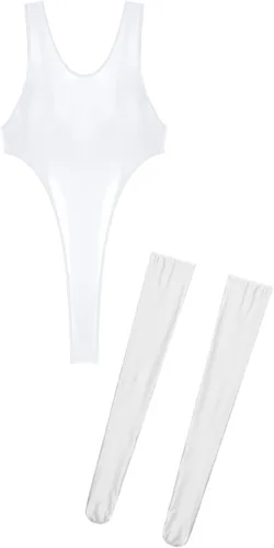 Vista 5 de YiZYiF Conjunto de medias de nailon para mujer, 70D, de corte alto, con tanga de una pieza, con medias