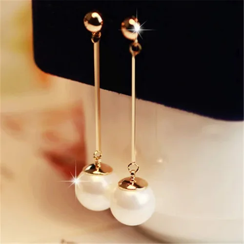 Vista 6 de Pendientes largos de perlas de imitación grandes para mujer, aretes colgantes de perlas de imitación de doble cara frontal y trasera, Perlas y cobre