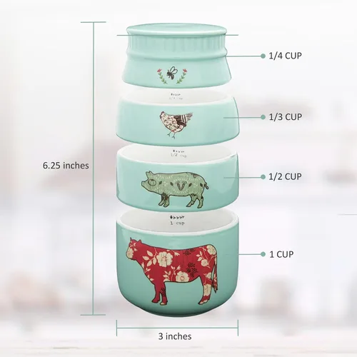 Vista 10 de Pavilion Gift Company - 'Live Simply Bee, Chicken, Pig, and Cow' - Juego de tazas medidoras de gres de 4 piezas, utensilios de cocina resistentes