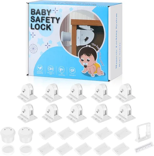 Vista 11 de Paquete de 4 cerraduras magnéticas para gabinete para seguridad infantil, cerraduras de cajones a prueba de bebés, cerraduras magnéticas