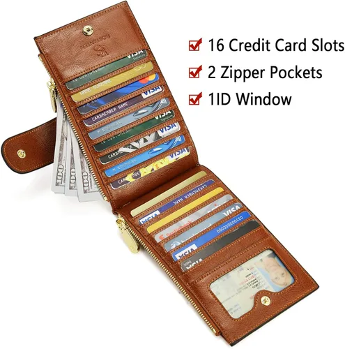 Vista 2 de BOSTANTEN Billeteras de cuero para mujer con bloqueo RFID delgado plegable tarjetero con bolsillo con cremallera