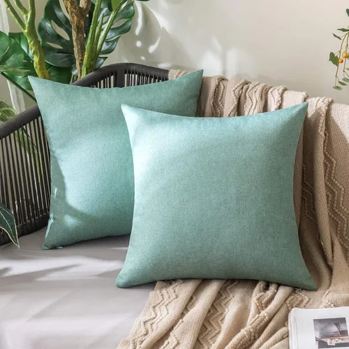 Vista 18 de MIULEE - Paquete de 2 fundas de almohada decorativas para exteriores, impermeables, sólidas, de imitación de lino, para jardín, casa de campo, Azul