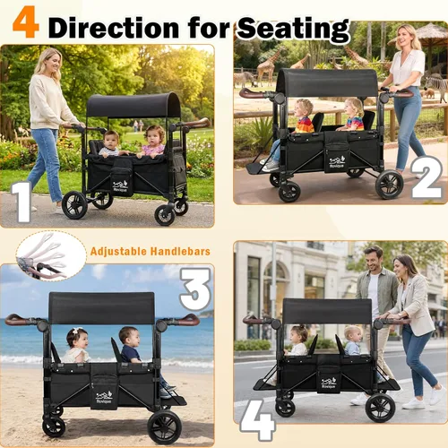Vista 2 de Cochecito Vagón para 2 Niños, Cochecito Vagón Todo Terreno con Extensor Extra Largo, Vagón de Bebé Plegable de Aluminio con Asientos Convertibles