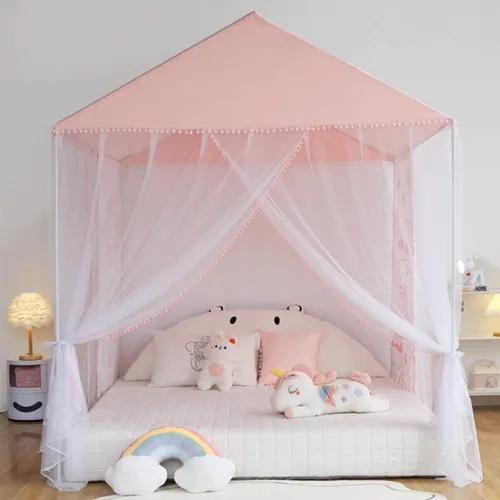Vista 6 de Akiky Mosquitera para niñas con castillo de princesa pompón para interiores y exteriores, red para cama para niños, no incluye postes de cama Rosa