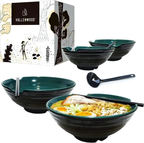 Vista 10 de Juego de 4 cuencos de ramen XL. 12 piezas Pho Bowls. Sopa japonesa asiática. Utensilio: cucharas y palillos. Melamina, grande 52 oz. Fideos, arroz