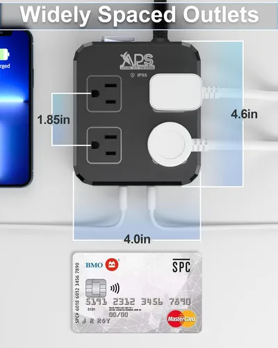Vista 5 de Regleta de alimentación para exteriores resistente a la intemperie, impermeable, con 4 salidas anchas y 3 puertos USB, cable de extensión de 6 pies