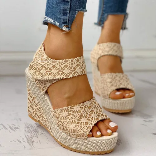 Vista 3 de HOSTINGG Sandalias de cuña para mujer, alpargatas de cuña informales, puntera abierta, con lazo, con cordones