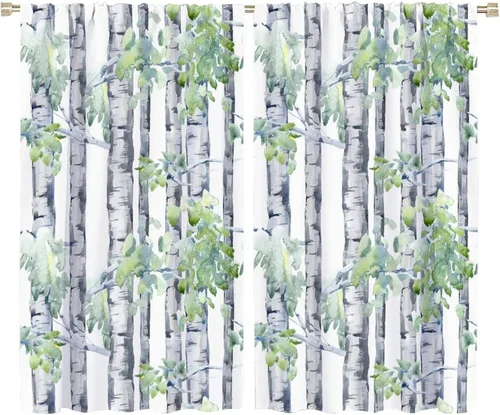 Vista 47 de Cortina opaca de bosque de verano, diseño de ramas de bosque, con bolsillo para barra, cortinas farbic con bolsillo para barra, comedor, cafetería